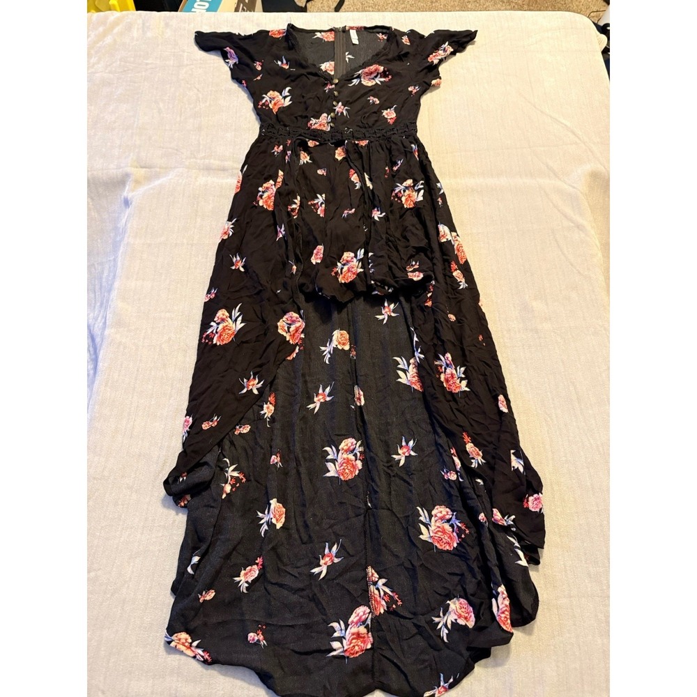 Xhilaration Black Floral Maxi Dress Small‎ Boho Flutter Sleeve Cottagecore